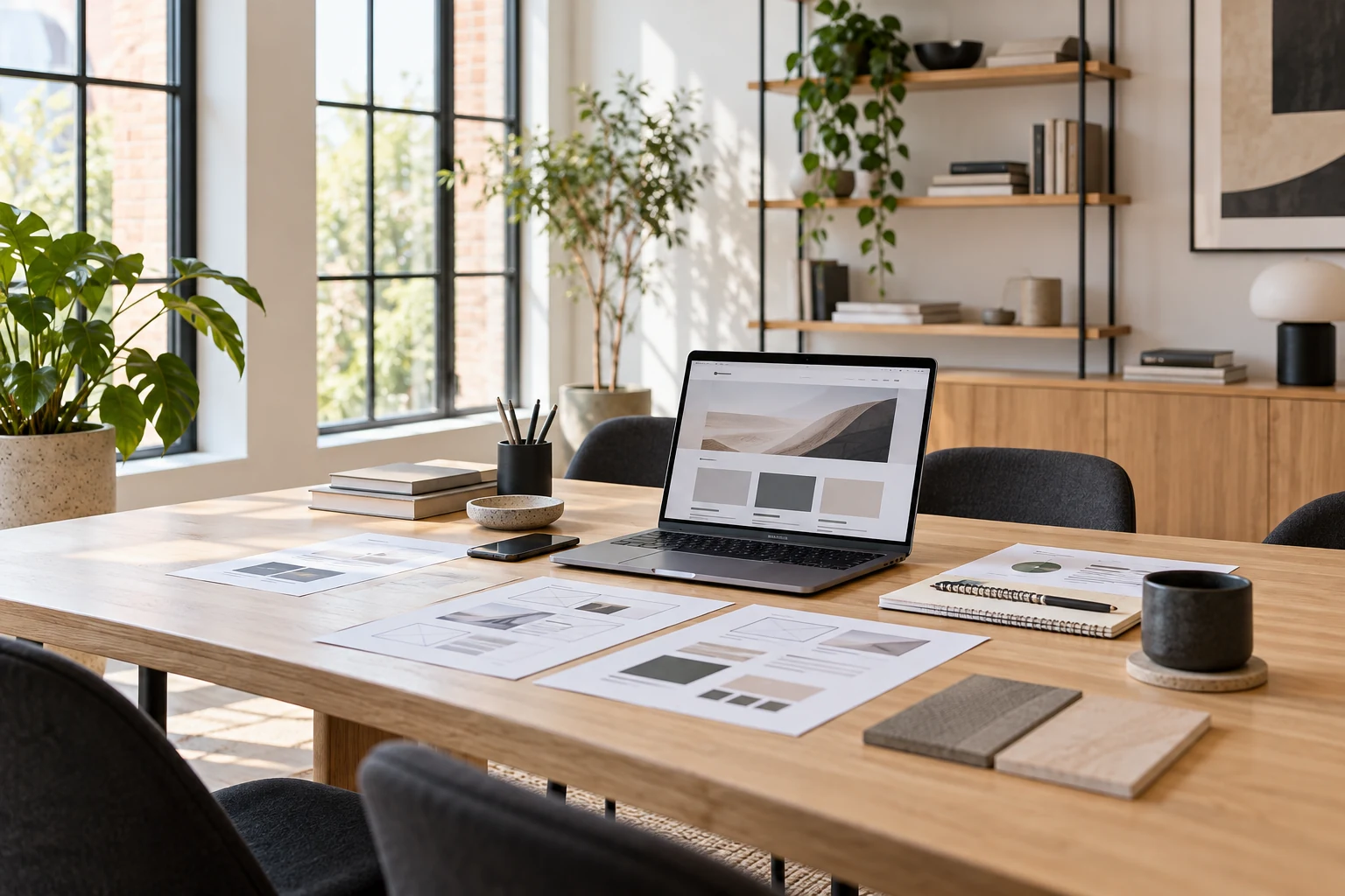 Ambiente de trabalho sem pessoas, com notebook e materiais de planejamento de marketing e design