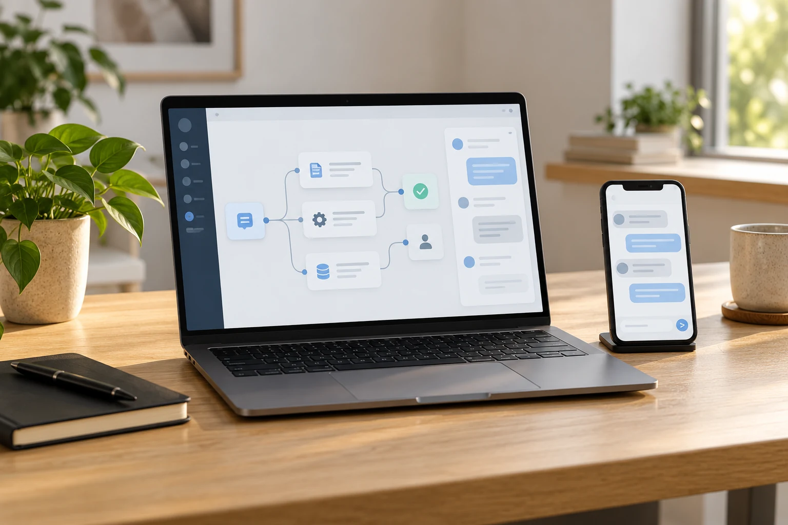 Ambiente de trabalho com ferramentas de organização e automação