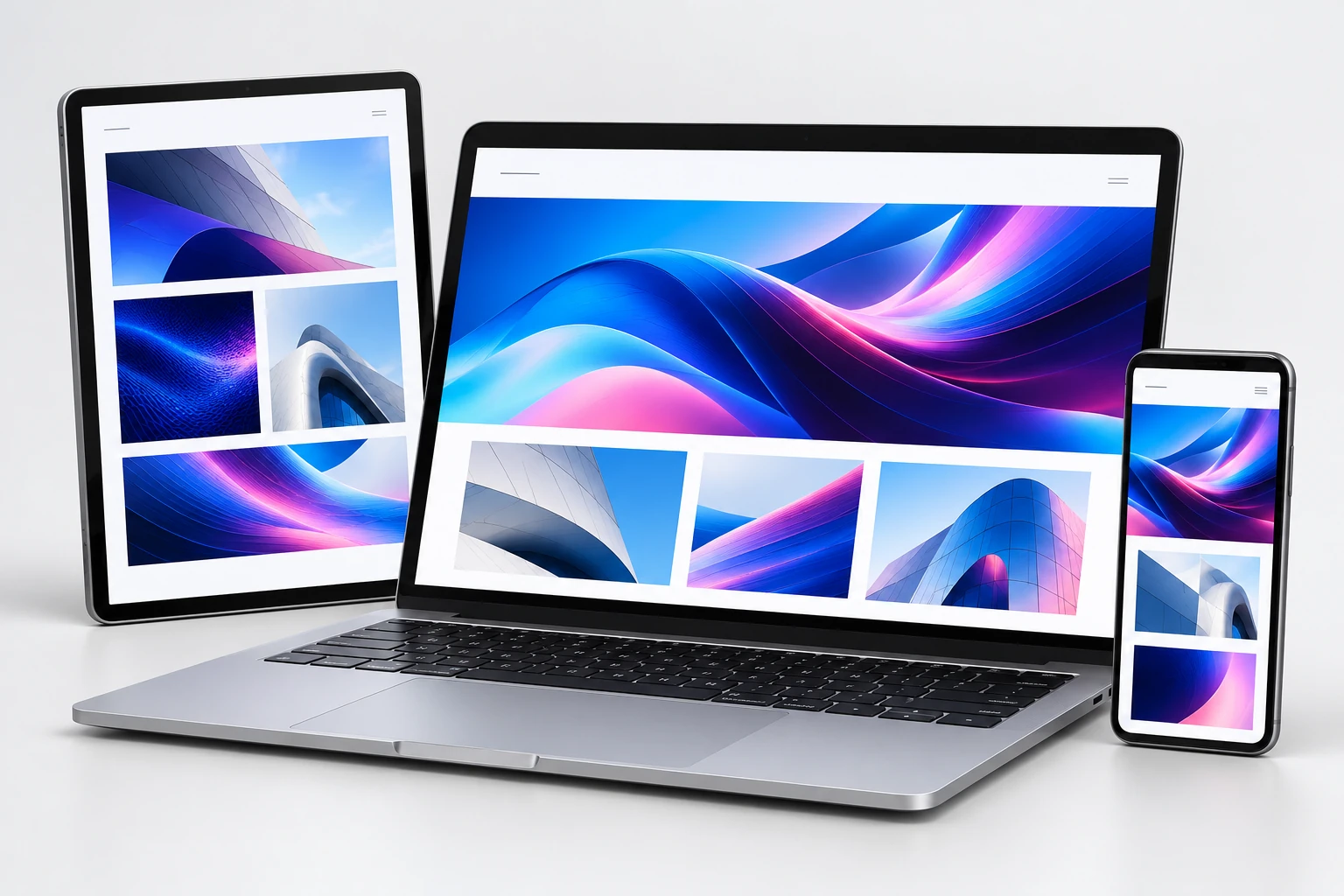 Uma composição de páginas digitais adaptadas às telas de computador, tablet e celular