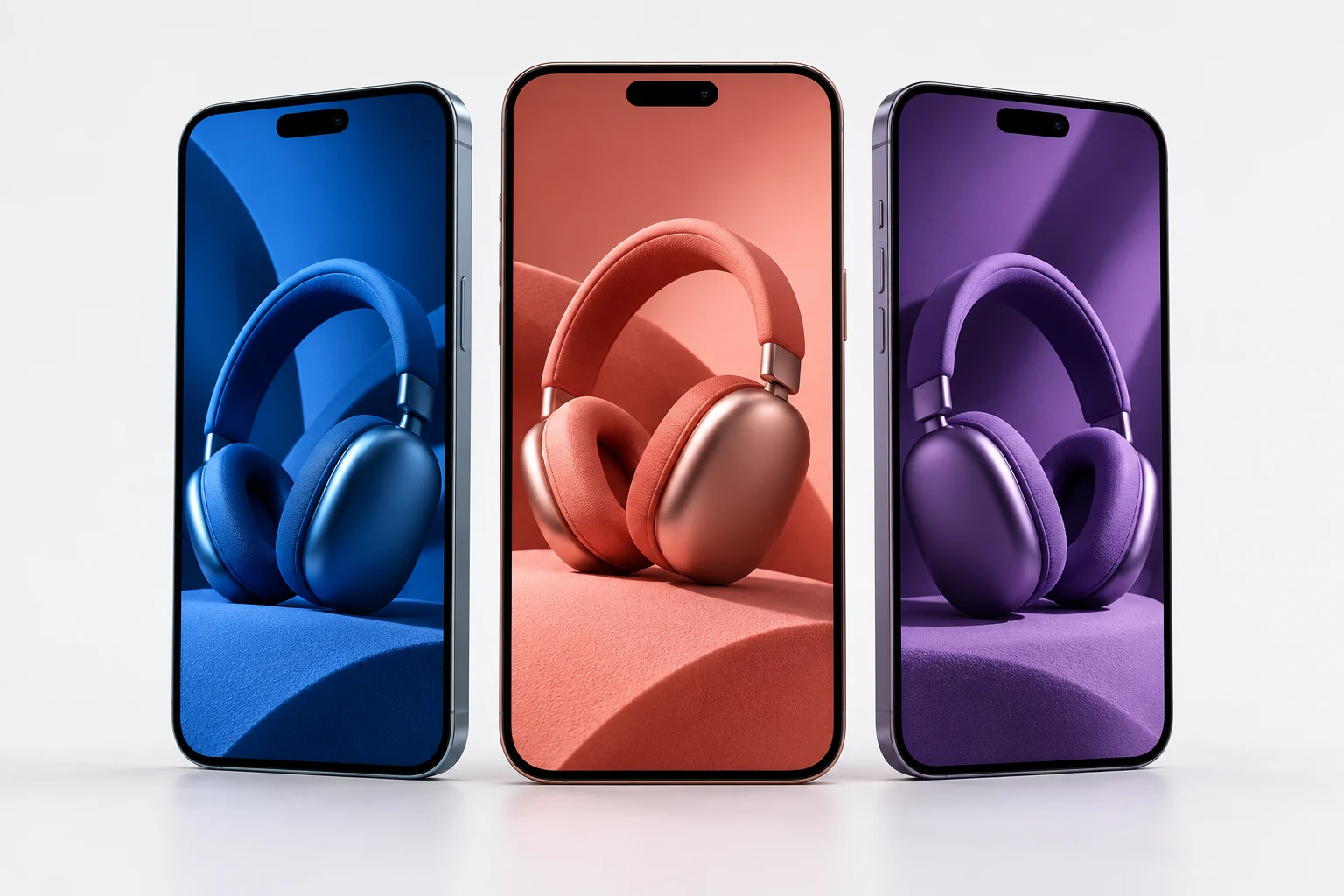 Três peças publicitárias ilustrativas, em azul, coral e roxo, apresentadas em telas de celular