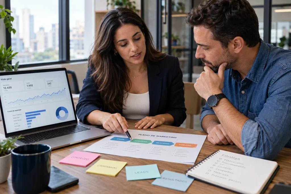 Consultora de marketing analisando um plano com um cliente